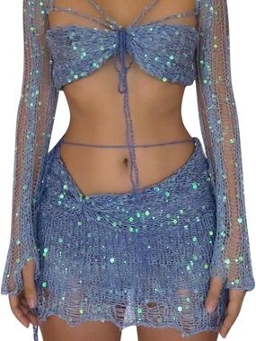 Medium • Beach Match Lounge Swimsuit Set Sequin Crochet • Lounge Swimsuits Sets